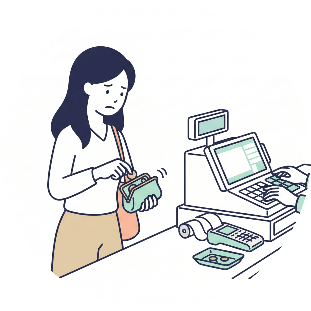 レジで会計し、財布からお金を取り出すお客様のイラスト