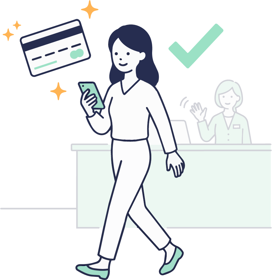 スマホの自動決済で会計を済ませ、受付を通り過ぎて身軽に帰るお客様のイラスト